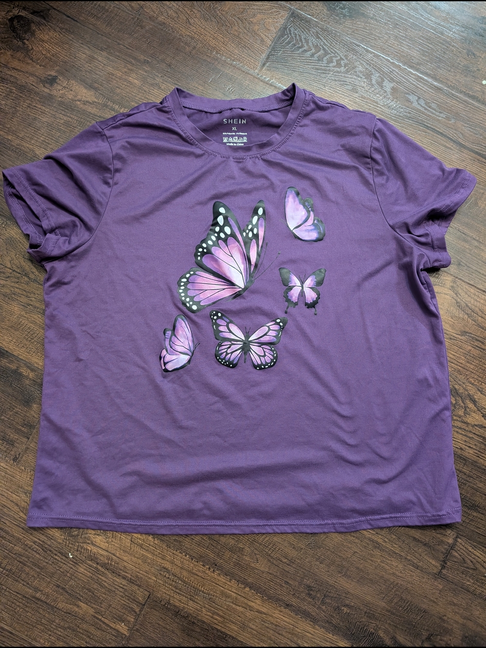 SHEIN Purple Tee with Pink & Black Butterfly Print